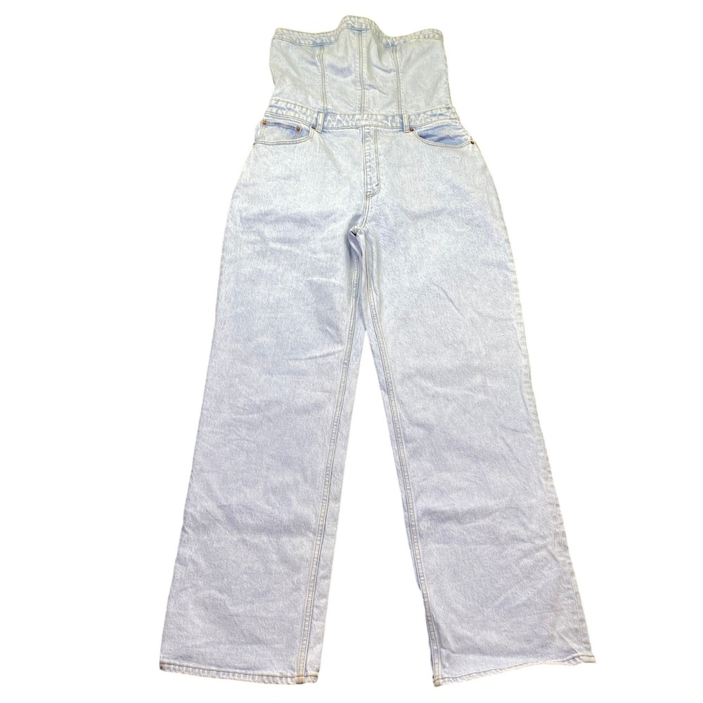 Abercrombie & Fitch Strapless Denim Jumpsuit Light Wash Wide Leg Size L Grunge